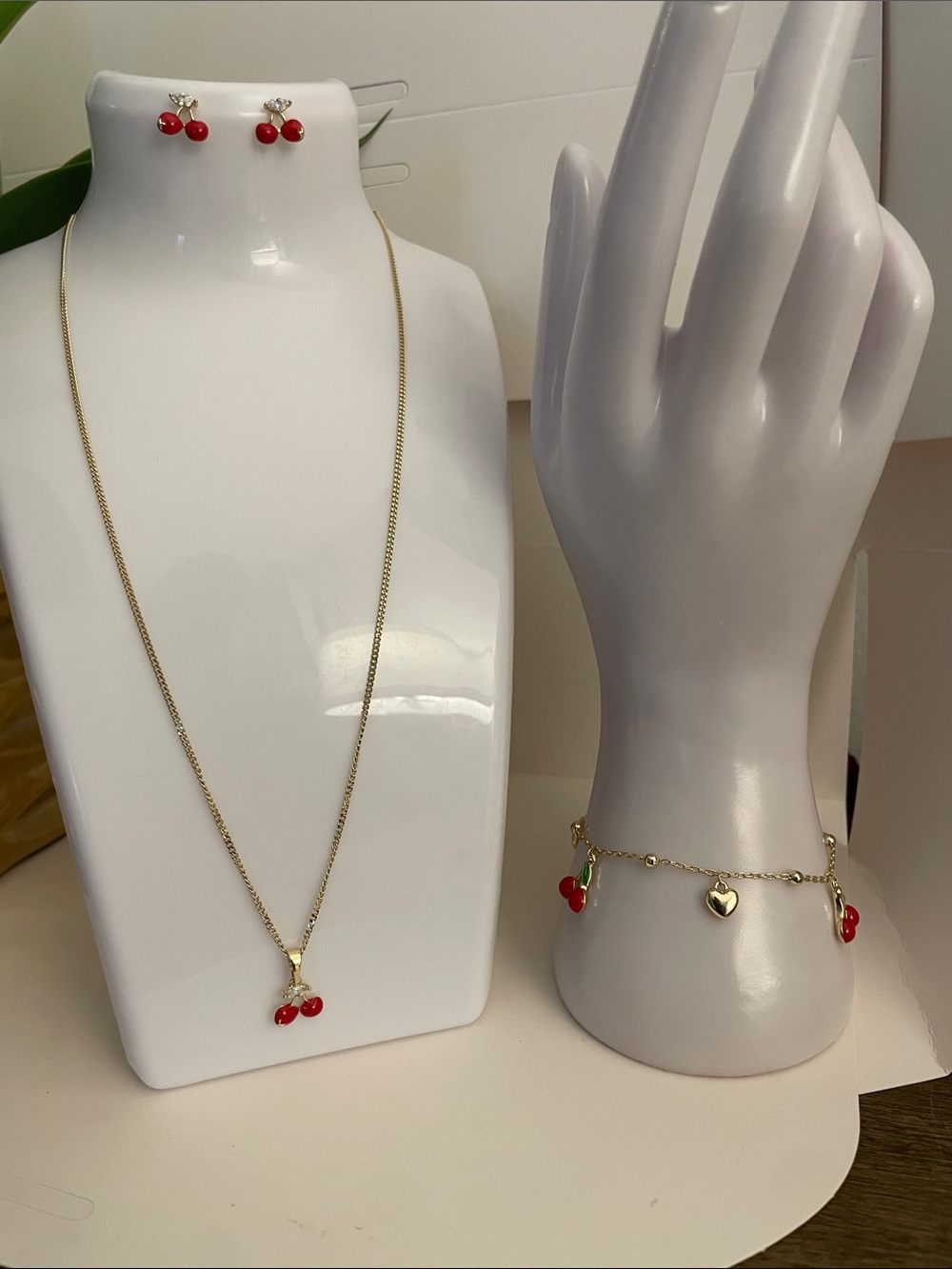 Gold Cherry Pendant Necklace & Charm Bracelet Set with Red Enamel Accents